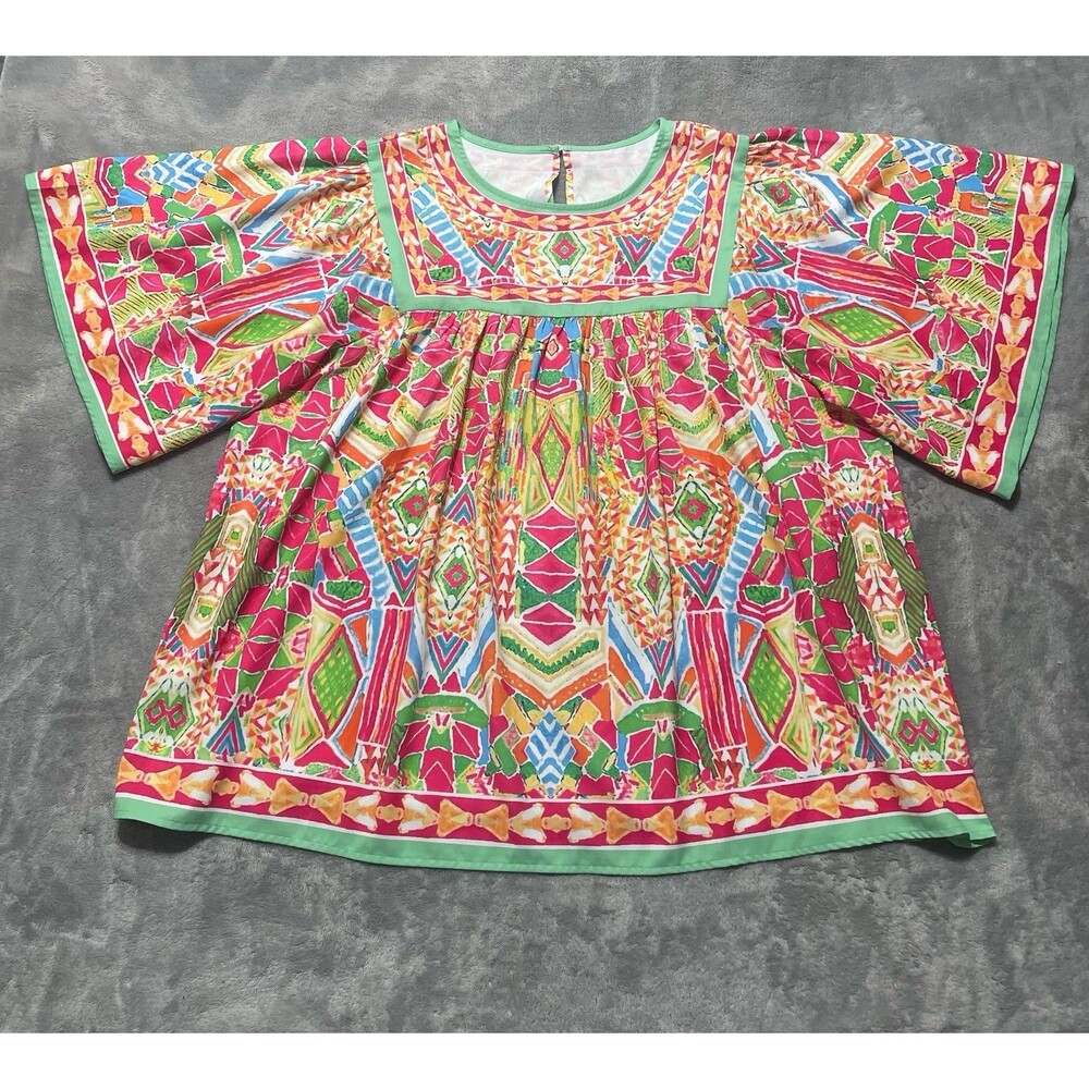 Whimsical Boho Hippie Blouse Women’s 2XL Multicolor Short Wide/Bell Sleeves